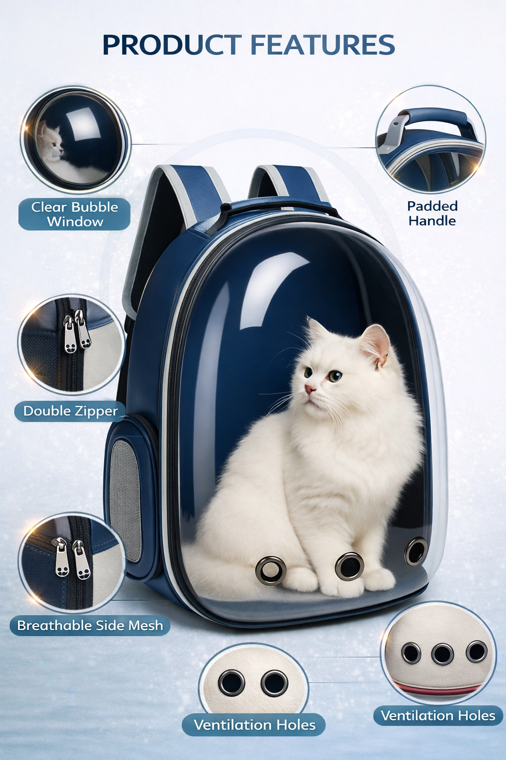 Astronaut-style pet backpack with fluffy cat