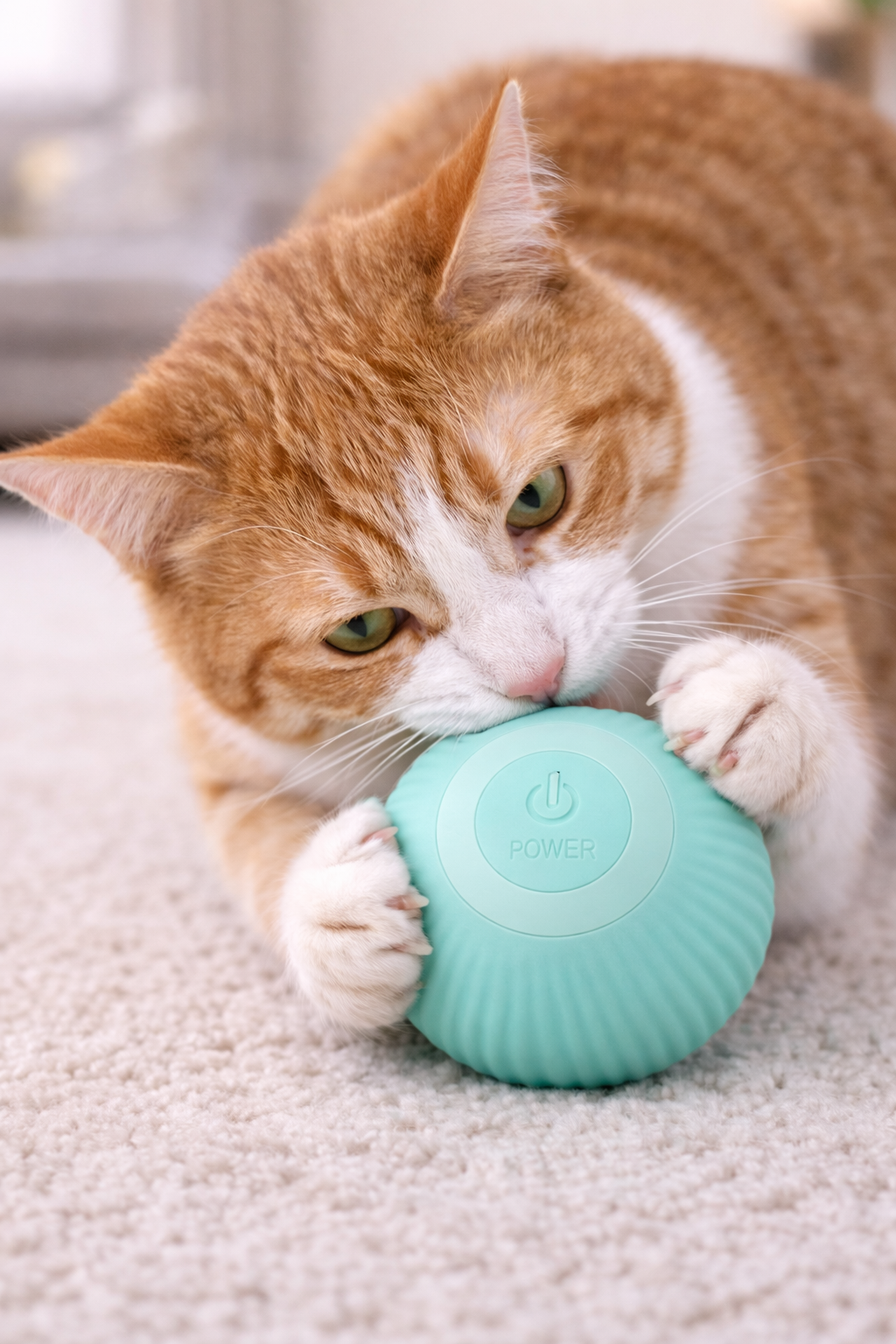 Curious cat plays with turquoise toy