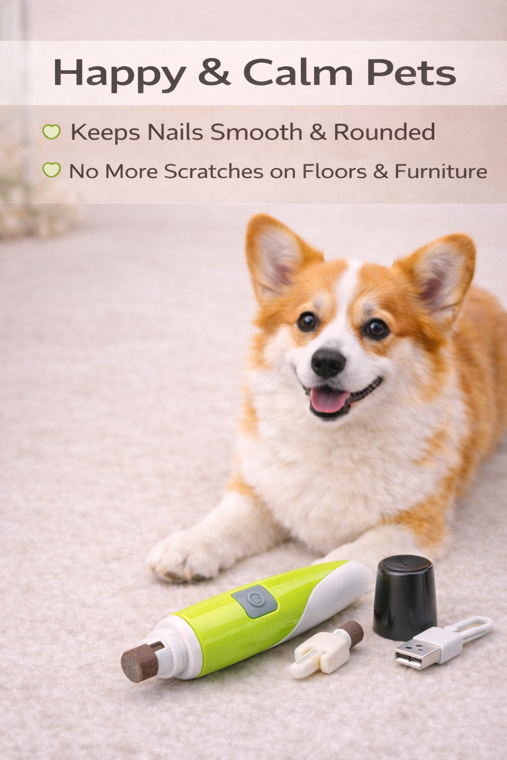 Happy Corgi with nail grinder nearby